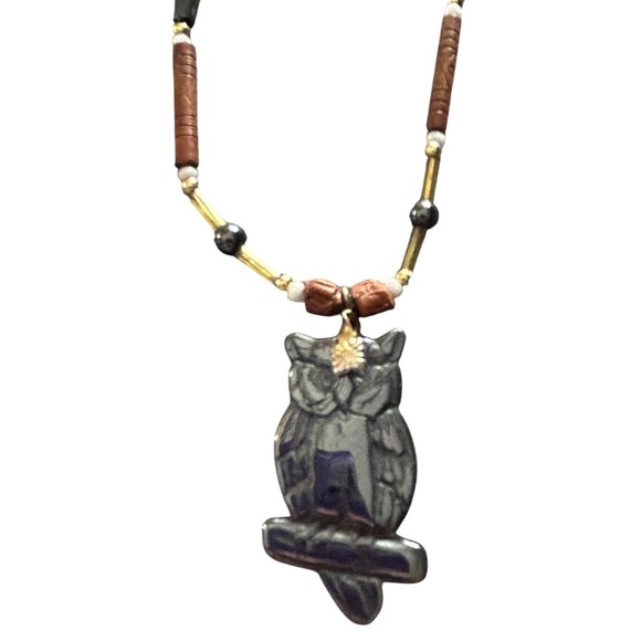 Hand Crafted Jewelry - Artisan Boho Owl Necklace – Heishi Beads, Brass Accents, 20" Y2K Style